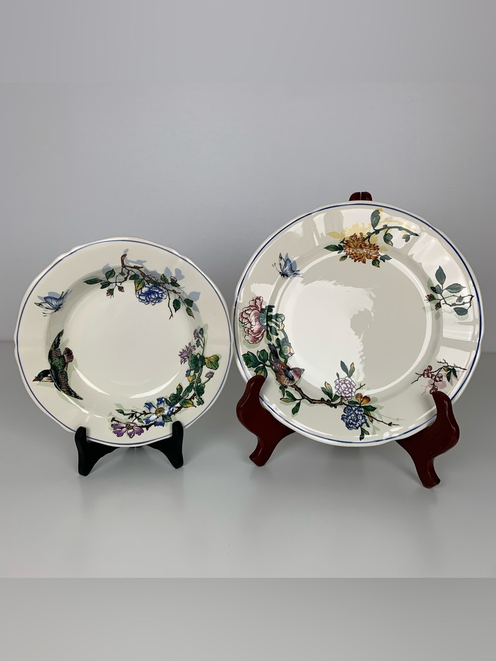 Gien Dinner Plate Bowl Set Of 2  “l’oiseau Poete” Bird Floral Flowers France
